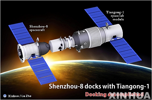 【베이징=신화/뉴시스】3일 중국의 우주실험 모듈 톈궁(天宮) 1호와 도킹에 성공한 무인우주선 선저우(神舟) 8호의 도킹 모습을 보여주는 그래픽.