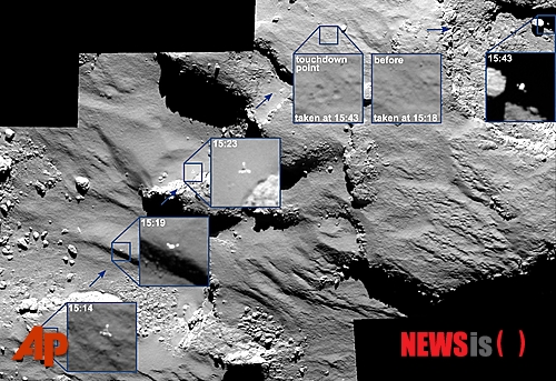 【AP/뉴시스】14일 7개월 만에 지구 에 연락을 보낸 우주선 필레 자료사진. 유럽이 보낸 혜성 착륙선 필레가 지난해 11월12일 혜성 '67P'에 뛰어내리는 장면을 연속으로 보여주고 있다. 이 사진은 모선인 로제타 우주선에 장착된 오시리스 카메라가 혜성 위 15.5㎞에서 잡은 것이다. 2015. 6. 14   