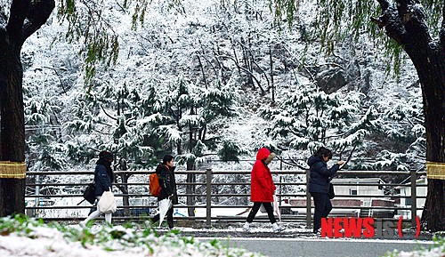 【전주=뉴시스】황성은 기자 = 지난 1일부터 전북 대부분 지역에 많은 눈이 내리는 4일 오전 하얗게 뒤덮인 전주천변을 끼고 시민들이 발걸음을 재촉하고 있다. 2014.12,04  hse@newsis.com 