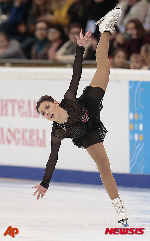 Adelina Sotnikova, of Russia, performs her free program during the Cup of Russia ISU Grand Prix figure skating event in Moscow, Russia, Saturday, Nov. 21, 2015. (AP Photo/Ivan Sekretarev)