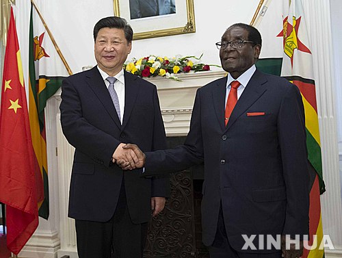 【하라레=신화/뉴시스】시진핑 중국 국가주석(왼쪽)이 1일(현지시간) 짐바브웨 하라레에서 로버트 무가베 대통령과 악수하고 있다. 2015.12.02