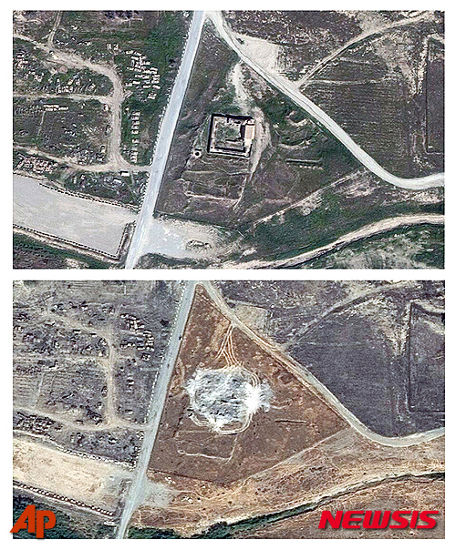 【디지털글로브 ·AP/뉴시스】이라크 모술 외곽의 1400년된 성 엘리야 수도원 지역을 찍은 디지털 글로브의 위성사진들. 위 사진은 지난 2011년 3월31일과 2014년 9월28일 촬영한 것으로 성 엘리야 수도원의 모습이 또렷히 보인다. 하지만 지난 16일 촬영한 아래 위성 사진에서는 수도원이 흔적도 없이 사라져 있다. 2016.01.20  