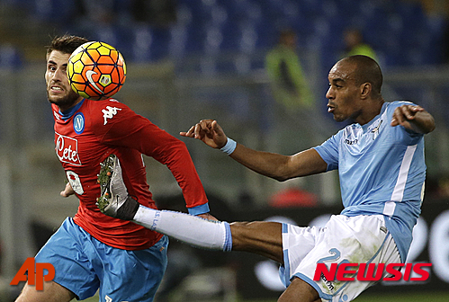 Napoli?s David Lopez eyes the ball as Lazio?s Abdoulay Konko challenges him, during a Serie A soccer match at Rome's Olympic stadium, Wednesday, Feb. 3, 2016. (AP Photo/Alessandra Tarantino)