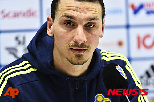 Swedish national soccer player Zlatan Ibrahimovic looks on during a press conference at Friends Arena in Stockholm, Sweden, on Sunday March 27, 2016, ahead of Tuesday's friendly soccer match against Czech Republic. (Claudio Bresciani / TT via AP) SWEDEN OUT