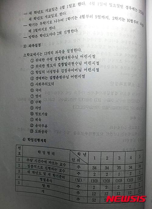 【서울=뉴시스】북한 소학교 교과목 