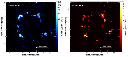 【대전=뉴시스】만기형별 'WX Psc' 주변에서 발생하는 메이저에 대한 KaVA 관측 영상. 청색과 적색의 메이저가 서로 매우 비슷한 공간분포와 전형적인 링 구조를 나타내 물리적으로 강하게 연관되어 있음을 보여준다. (사진=한국천문연구원 제공)  