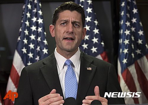House Speaker Paul Ryan of Wis., and the House GOP leadership, talks to reporters at the Republican National Committee headquarter on Capitol Hill in Washington, Tuesday, June 14, 2016, about their response to the deadly shooting in Orlando on Sunday that left 49 dead and more than 50 injured. Ryan said that a ban on Muslims entering the U.S. as presidential nominee Donald Trump proposes, is not in the nation's interest. (AP Photo/J. Scott Applewhite)