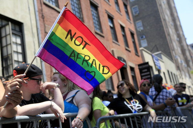 【뉴욕=AP/뉴시스】2016년 6월26일(현지시간) 미국 뉴욕에서 성 소수자들의 행진인 프라이드 퍼레이드(Pride Parade)가 열렸다. 퍼레이드에 참가한 한 여성이 성소수자를 상징하는 무지개 깃발을 흔들고 있다. 2019.05.28.