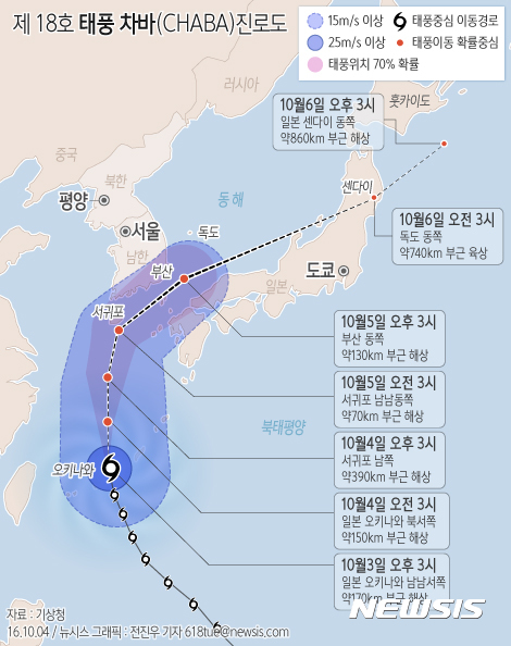【서울=뉴시스】전진우 기자 = 기상청에 따르면 지난 28일 발생한 제 18호 태풍 '차바(CHABA)'가 5일 당초 진로보다 서쪽으로 방향을 바꿔 우리나라에도 상당한 영향을 미칠 것으로 보인다.  618tue@newsis.com