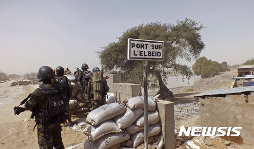 【포토콜=AP/뉴시스】 지난 2015년 2워 25일 나이지리아의 이슬람 테러조직 보코하람과 싸우기 위해 국경의 보르노주 포토콜 마을 부근에 있는 엘베이드 다리를 지키고 있는 카메룬 군대.  22일 보코하람과의 전투를 지휘하던 베테랑 장군 야콥 코지 장군의 헬기가 순찰 도중에 추락해 장군을 비롯한 장교와 승무원등 총 6명이 사망했다.2017.01. 23  