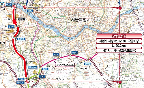 【광명=뉴시스】이종일 기자 = 경기 광명시가 광명~서울 고속도로 일부 구간(옥길동~원광명마을·1.75㎞)을 지하화할 것을 정부에 요구하고 있는 가운데, 해당 구간의 원광명마을 주민들은 지상화 방식을 제시하고 나섰다.  사진은 광명~서울 고속도로 구간이 표시된 지도이다. 2017.01.25. (사진 = 국토교통부 제공)  photo@newsis.com