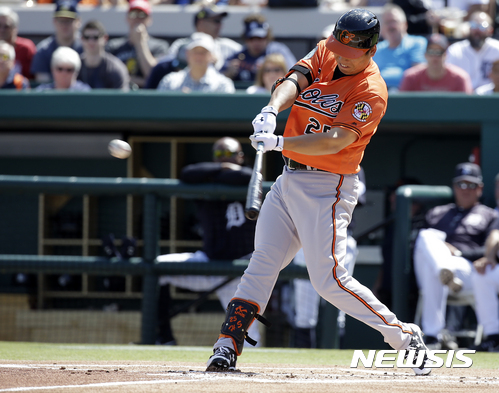 Baltimore Orioles' Hyun Soo Kim hits a double in the first inning of a spring training baseball game against the Detroit Tigers, Monday, March 6, 2017, in Lakeland, Fla. (AP Photo/John Raoux)