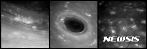 【NASA·AP/뉴시스】미 항공우주국(NASA)은 26일(현지시간) 탐사선 카시니가 처음으로 포착한 토성의 고리 안쪽 이미지를 공개했다. 가운데 사진은 토성의 대기권 이미지이다. 카시니는 오는 9월 토성 대기권에 진입해 타버리면서 임무를 종료할 예정이다. 2017.04.28