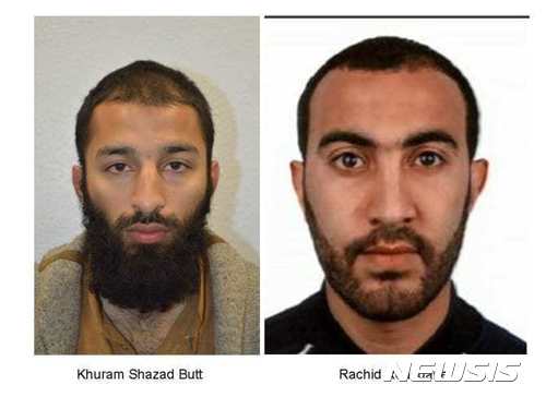 【런던=AP/뉴시스】영국 경찰이 5일(현지시간) 런던 브리지 테러범 3명 파키스탄 출신 영국 국적자 쿠람 샤자드 버트(27·왼쪽)와 리비아와 모로코의 이중 국자인 라치드 레도우엔의 사진을 공개했다. 경찰은 이날 성명에서 이들 외에 나머지 테러범의 신원은 조사 중이라고 밝혔다. 2017.06.06 