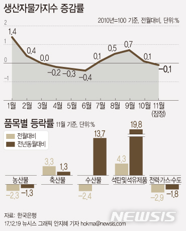 【서울=뉴시스】안지혜 기자 = 한국은행이 19일 발표한 '11월 생산자물가지수'에 따르면 지난달 생산자물가는 103.02(2010년 100기준)로 전월(103.14)보다 0.1 하락했다.  hokma@newsis.com