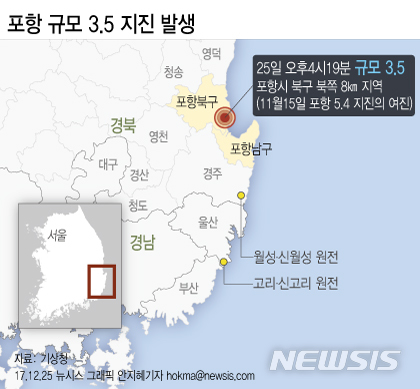【서울=뉴시스】안지혜 기자 = 25일 기상청에 따르면 이날 오후 4시19분께 경북 포항시 북구 북쪽 8㎞ 지역에서 규모 3.5의 지진이 발생했다.  hokma@newsis.com
