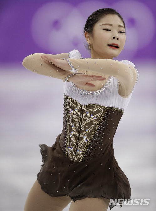Kim Hanul of South Korea performs during the women&#039;s short program figure skating in the Gangneung Ice Arena at the 2018 Winter Olympics in Gangneung, South Korea, Wednesday, Feb. 21, 2018. (AP Photo/Bernat Armangue)