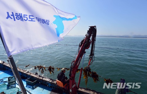 【서울=뉴시스】백령도 인근 해상 양식장에서 서해5도 어민들이 평화를 상징하는 한반도기를 어선에 달고 다시마 조업을 하고 있다. 2018.04.25. (사진=경인일보 제공) photo@newsis.com