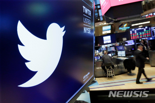 FILE- In this Feb. 8, 2018, file photo the logo for Twitter is displayed above a trading post on the floor of the New York Stock Exchange. Twitter reports earnings Wednesday, April 25, 2018. (AP Photo/Richard Drew, File)