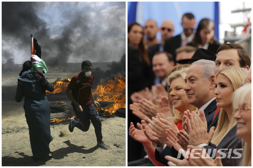 【AP/뉴시스】14일(현지시간) 주이스라엘 미국 대사관의 예루살렘 개소식에 맞춰 팔레스타인 자치구역에서 거센 시위가 일었다. 왼쪽은 가자지구에서 시위대가 타이어에 불을 지른 모습. 오른쪽은 베냐민 네타냐후 이스라엘 총리와 미국 관료들이 대사관 이전을 축하하는 모습. 2018.5.15.