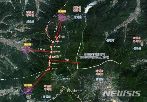 【의령=뉴시스】김기진 기자 = 경남 의령군 산성산(741.8m) 일대에 추진하는 ‘산악지역특화 풍력터빈 부품·시스템 복합시험평가단지 배치도. 2018.05.28. (사진=경남도 제공) photo@newsis.com