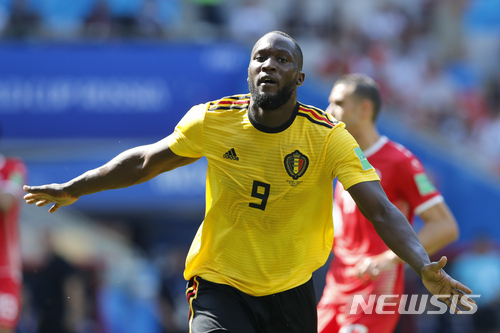 Belgium&#039;s Romelu Lukaku celebrates after scoring his side&#039;s second goal during the group G match between Belgium and Tunisia at the 2018 soccer World Cup in the Spartak Stadium in Moscow, Russia, Saturday, June 23, 2018. (AP Photo/Hassan Ammar)