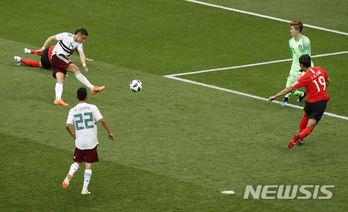 Mexico's Javier Hernandez, left, kicks the ball to score his team's second goal during the group F match between Mexico and South Korea at the 2018 soccer World Cup in the Rostov Arena in Rostov-on-Don, Russia, Saturday, June 23, 2018. (AP Photo/Efrem Lukatsky) 