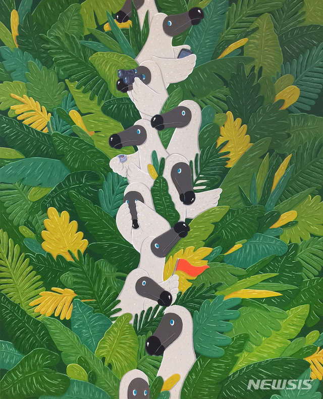 【서울=뉴시스】 헬로뮤지엄 '헬로 초록씨' 김선우 Roaming dodos II, 116.5X91cm, gouache on canvas, 2017