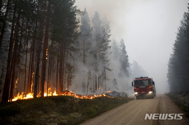 【카르볼레=AP/뉴시스】폭염과 가뭄에 시달리고 있는 스웨덴 카르볼레에서 15일(현지시간) 산불이 확산되고 있다. 2018.07.20 