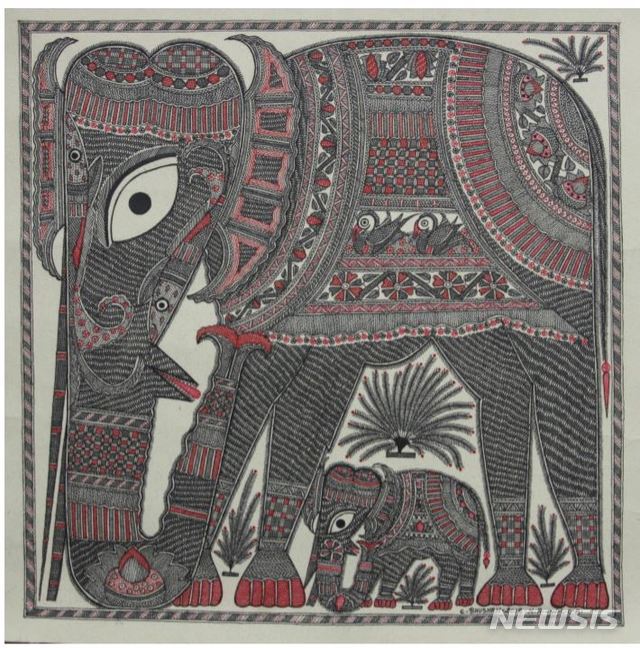 【서울=뉴시스】 인도 민화 특별전 Chandra Bhushan Kumar, Elephant, 2018, Ink on paper, 38 x 38 cm 