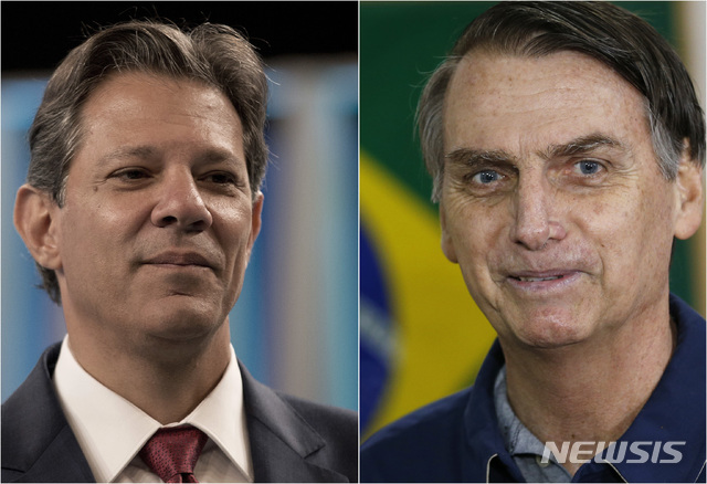 【AP/뉴시스】7일(현지시간) 치러진 브라질 대통령선거 1차투표에서 극우성향 사회자유당의 자이르 보우소나루 후보(오른쪽)와 노동자당의 페르난두 아다지가 득표율 1,2위를 차지해 오는 28일 결선투표에서 다시 맞붙게 됐다. 2018.10.08