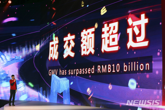 A board makes a milestone of sales passing the RMB10 billion or US$1.4 billion mark minutes into the start of Alibaba's 11.11 Global Shopping Festival held in Shanghai, China, early Sunday, Nov. 11, 2018. What started out ten years ago as a day of online promotion with US$7.8million in sales has grown into the world's biggest e-commerce event generating US$25.3billion in 2017. (AP Photo/Ng Han Guan)