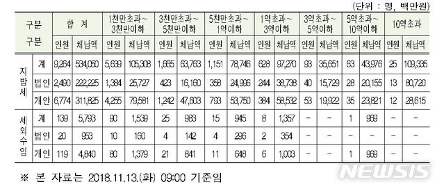 【서울=뉴시스】체납액 규모별 현황. 2018.11.14. (표=행정안전부 제공)