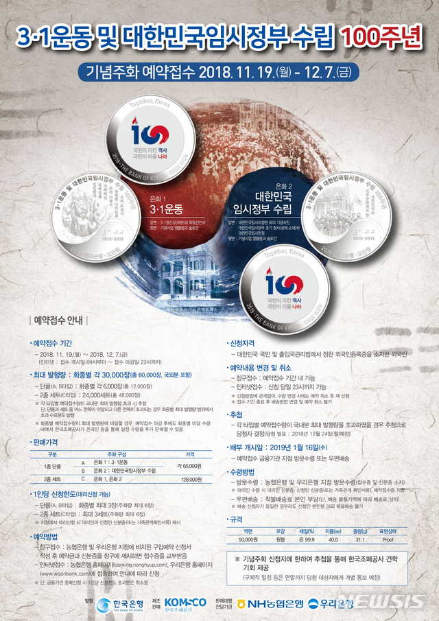 한은, '3·1운동 및 임시정부100주년' 기념주화 실물공개
