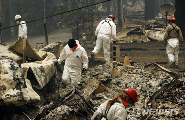 【패러다이스=AP/뉴시스】 13일(현지시간) 역대 최악의 산불 사태를 겪은 미 캘리포니아주 뷰트 카운티 지역에서 구조대원들이 잿더미 속에 시신이 있는지 찾고 있다. 2018.11.21