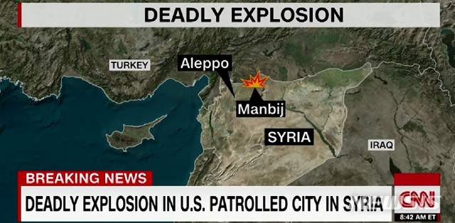 【로스앤젤레스=뉴시스】 시리아 주둔 미군이 중점적으로 배치돼 있는 시리아 북부 도시 만비즈에서 16일(현지시간) 수니파 무장조직 이슬람국가(IS)에 의한 자폭 공격으로 미군 4명을 포함해 16명이 숨졌다. <사진=CNN 방송화면 캡처> 2019.01.16