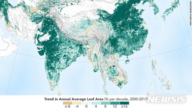 【서울=뉴시스】지구 녹지 증가에 중국과 인도가 큰 역할을 하고 있는 것으로 나타났다. 미 항공우주국(나사·NASA)이 2000년 이후 분석한 지구 위성사진을 보면 중국과 인도의 녹지가 크게 증가했다. (사진 = 나사)