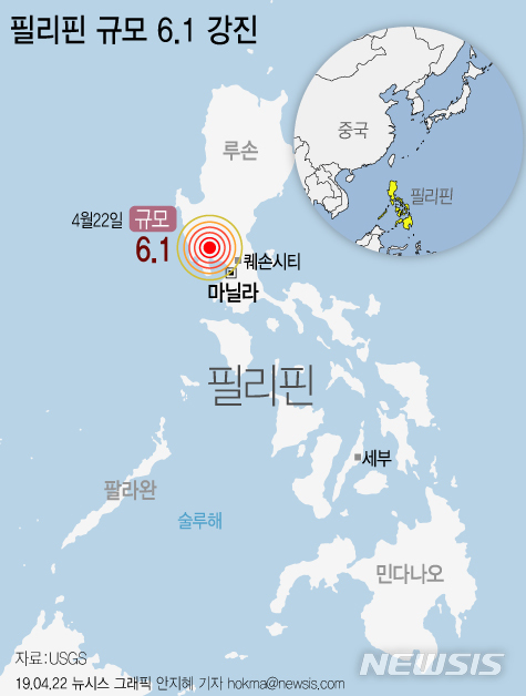 【서울=뉴시스】미국 지질조사국(USGS)에 따르면 22일(현지시간) 오후 5시11분께 필리핀 마닐라 북서쪽 65㎞ 지점에서 규모 6.1의 지진이 발생했다. (그래픽=안지혜 기자) hokma@newsis.com