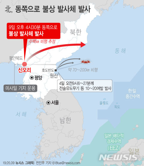 【서울=뉴시스】9일 합동참모본부에 따르면 북한이 오늘 오후 4시30분께 평안북도 신오리 일대에서 불상 발사체를 동쪽 방향으로 발사했다고 밝혔다. (그래픽=전진우 기자)  618tue@newsis.com 