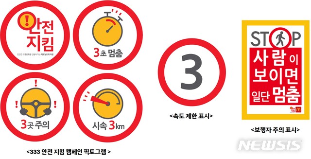 【서울=뉴시스】맥도날드 '안전 지킴' 픽토그램. 왼쪽부터 3.3.3. 메시지' '속도제한 표시' '보행자 주의 표시'