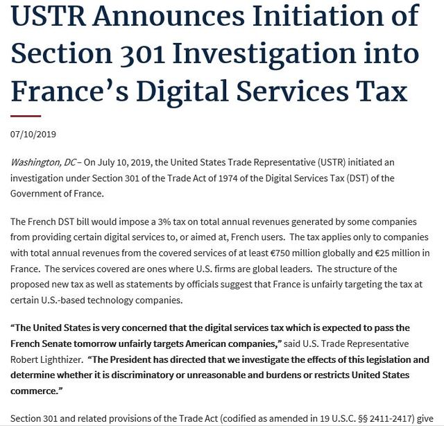 USTR "무역법 301조에 따라 佛디지털세 조사 시작" 