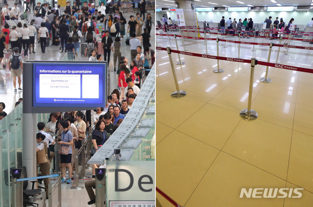 【서울=뉴시스】배훈식 기자 = 본격적인 휴가철에 들어간 22일 오후 인천국제공항 출국장이 해외여행을 떠나는 피서객들로 붐비고 있다.(왼쪽) 이와 반대로 같은 날 일본의 수출 규제 여파로 계속되는 불매 운동으로 김포국제공항 일본행 항공기 탑승 수속 창구는 한산한 모습을 보이고 있다. 2019.07.22. dahora83@newsis.com