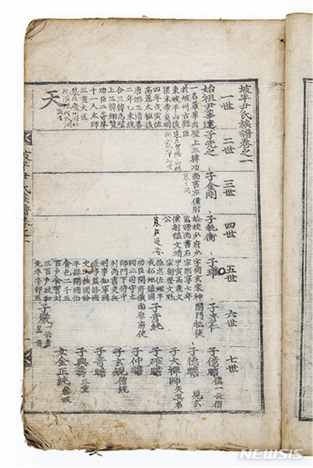 1682년 목판본으로 간행된 '파평윤씨족보'(권수제)