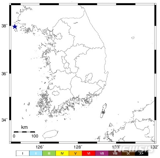 【서울=뉴시스】23일 오후 7시50분48초께 인천 옹진군 백령도 북동쪽 1km 지역에서 규모 2.7의 지진이 일어났다. (제공=기상청)