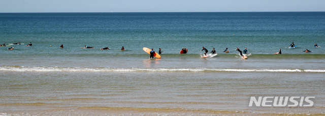 【태안=뉴시스】충남 태안 만리포해수욕장에서 서핑을 즐기는 서퍼들.(사진=태안군 제공)