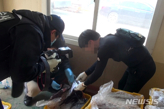 [울산=뉴시스]불법 포획된 고래고기 샘플을 채취하는 울산지방경찰청 관계자들. (사진=울산지방경찰청 제공) photo@newsis.com