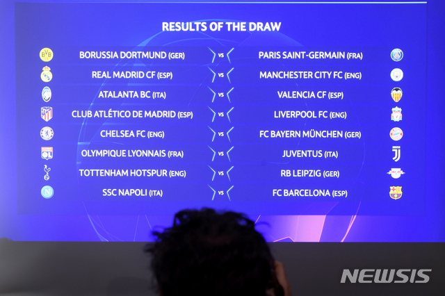 [니옹=AP/뉴시스]2019~2020 UEFA 챔피언스리그 16강 대진표. 