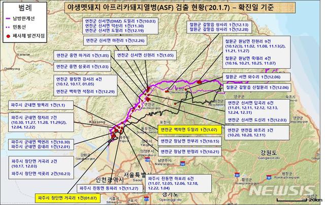 [세종=뉴시스] 야생멧돼지 아프리카돼지열병(ASF) 검출현황(확진일 기준). (그래픽=국립환경과학원 제공) 2020.01.07. photo@newsis.com