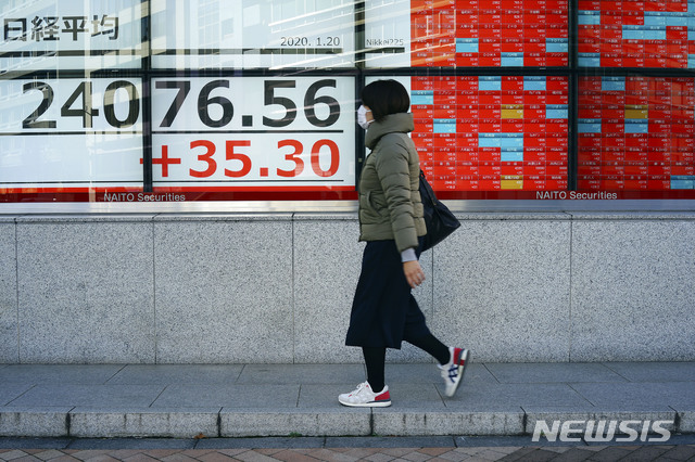 [도쿄=AP/뉴시스]지난 20일 일본 도쿄에서 닛케이지수를 보여주는 증권사 전광판 앞을 한 여성이 지나가고 있다. 2020.01.22.