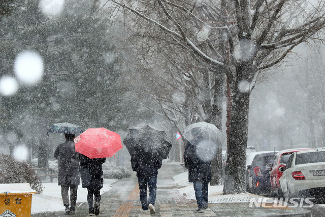 [서울=뉴시스] 장세영 기자 = 많은 눈이 내리는 16일 서울 여의도 국회에서 시민들이 우산을 쓰고 지나가고 있다. 2020.02.16.  photothink@newsis.com